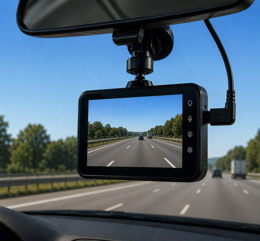 Dashcam mounted on rear-view mirror, screen showing road