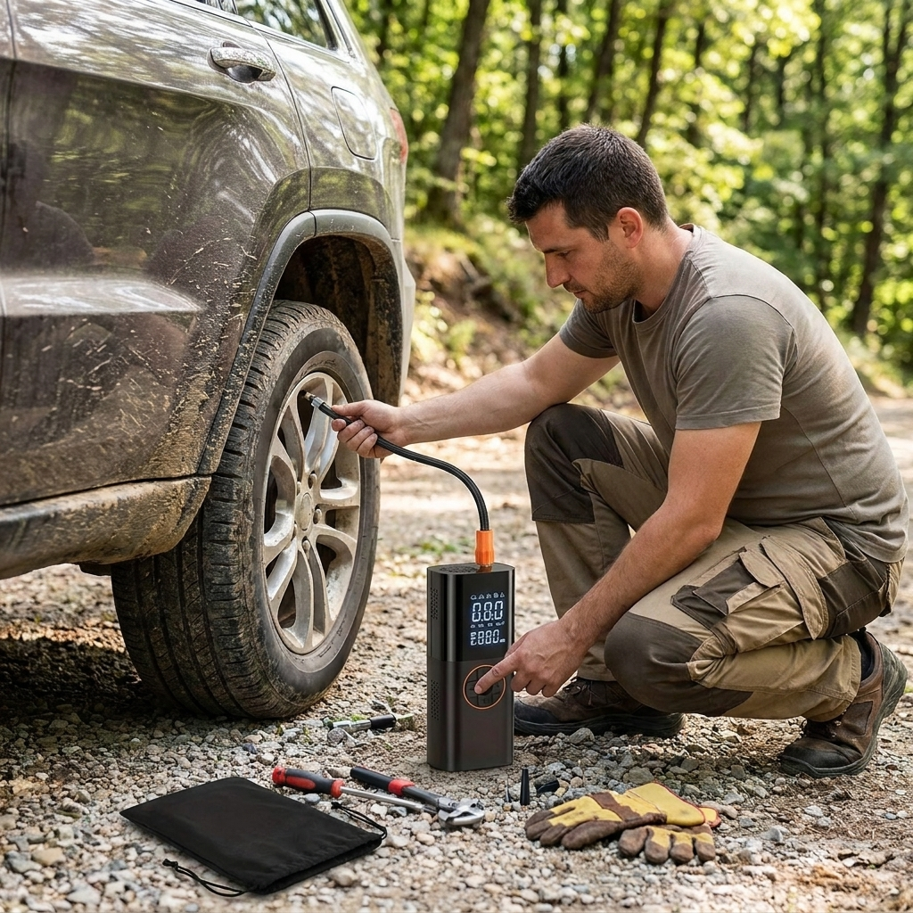 Tire Inflator Portable Air Compressor in use